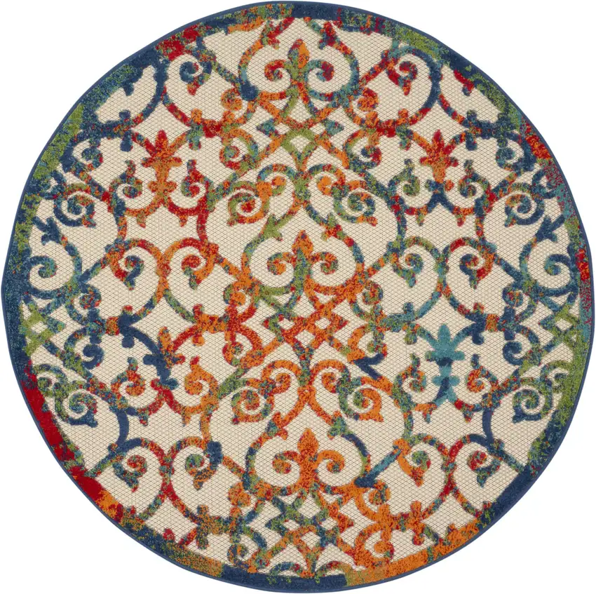 4' Ivory And Blue Round Indoor Outdoor Area Rug Photo 3