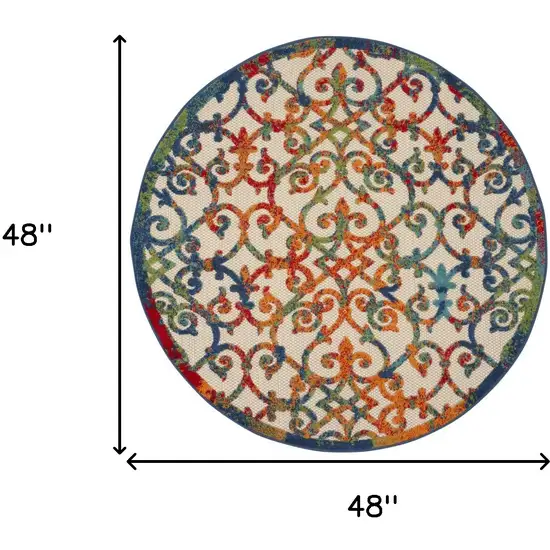 Ivory And Blue Round Floral Indoor Outdoor Area Rug Photo 9