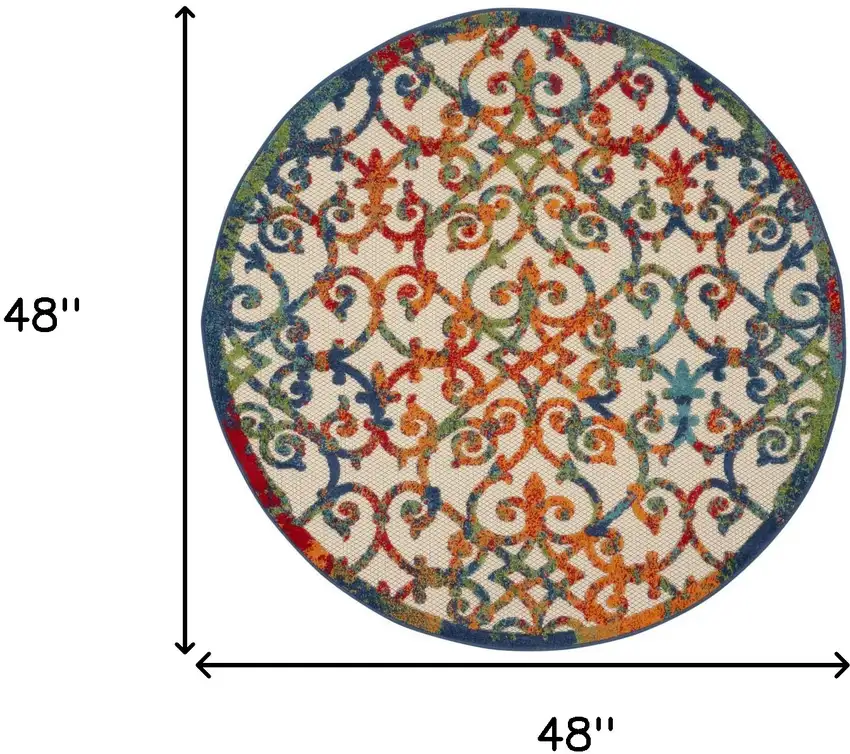 Ivory And Blue Round Floral Indoor Outdoor Area Rug Photo 9