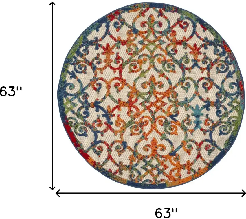 Ivory And Blue Round Floral Indoor Outdoor Area Rug Photo 9