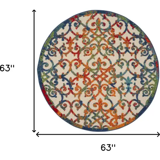 Ivory And Blue Round Floral Indoor Outdoor Area Rug Photo 9