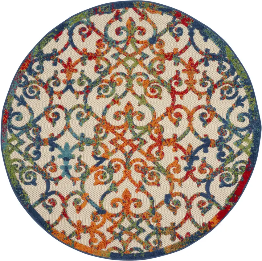 Ivory And Blue Round Floral Indoor Outdoor Area Rug Photo 4