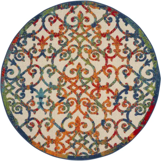 Ivory And Blue Round Floral Indoor Outdoor Area Rug Photo 4