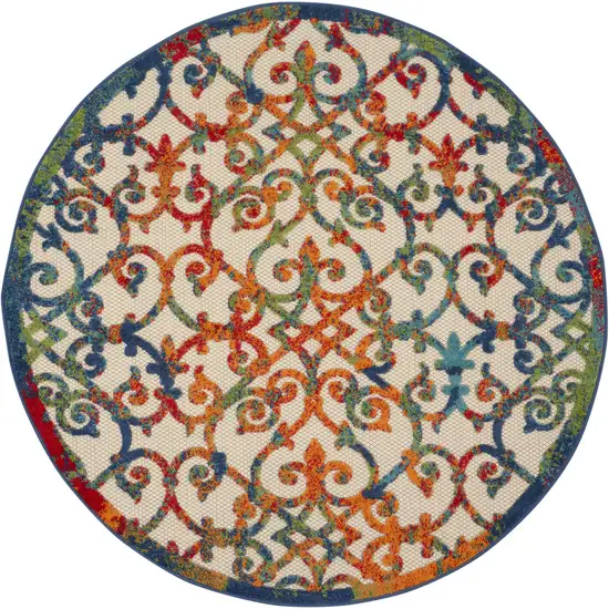 Ivory And Blue Round Floral Indoor Outdoor Area Rug Photo 1