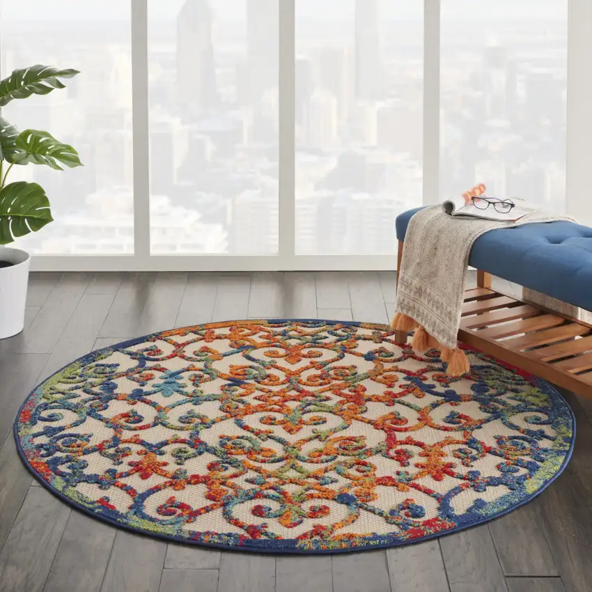 Ivory And Blue Round Floral Indoor Outdoor Area Rug Photo 7