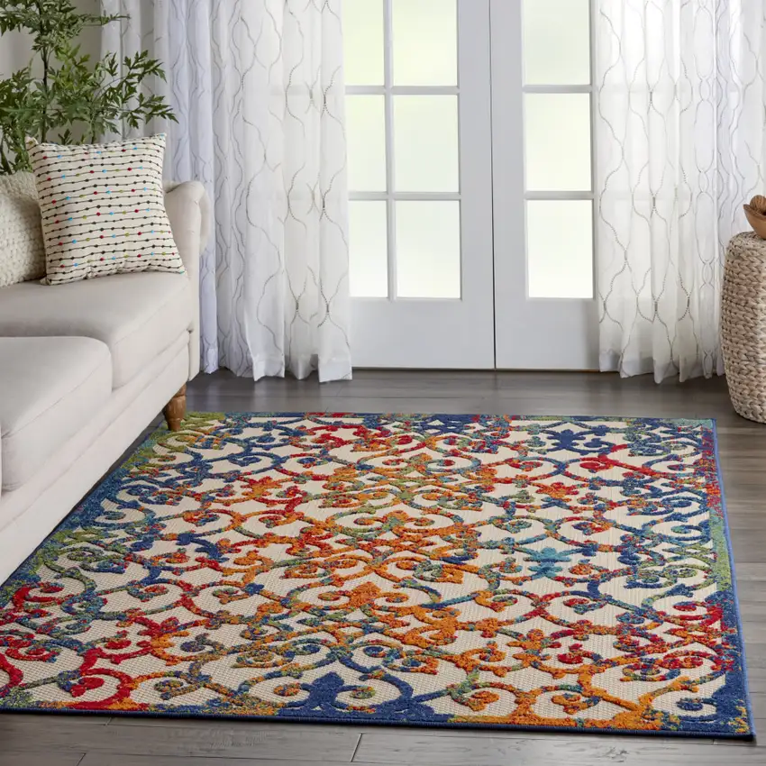 Ivory And Blue Floral Indoor Outdoor Area Rug Photo 9