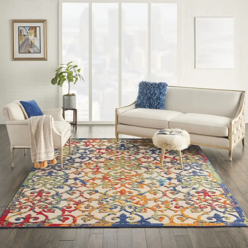 Ivory And Blue Floral Indoor Outdoor Area Rug Photo 8