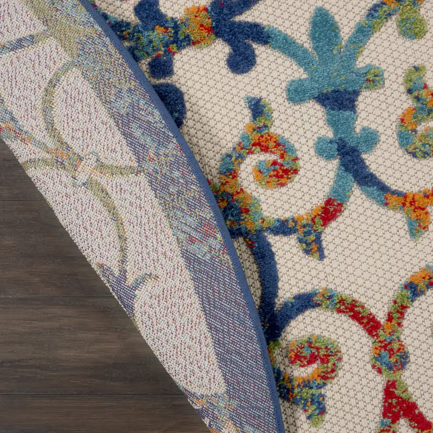 Ivory And Blue Round Floral Indoor Outdoor Area Rug Photo 3