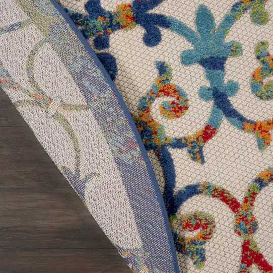 Ivory And Blue Round Floral Indoor Outdoor Area Rug Photo 3
