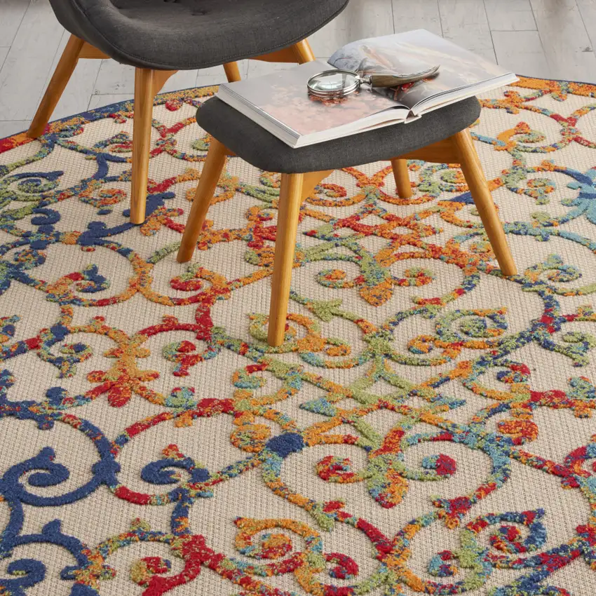 Ivory And Blue Round Floral Indoor Outdoor Area Rug Photo 7