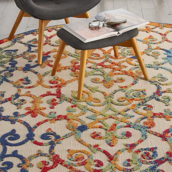 Ivory And Blue Round Floral Indoor Outdoor Area Rug Photo 7