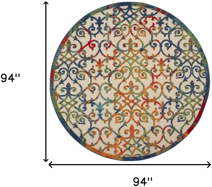 Ivory And Blue Round Floral Indoor Outdoor Area Rug Photo 9