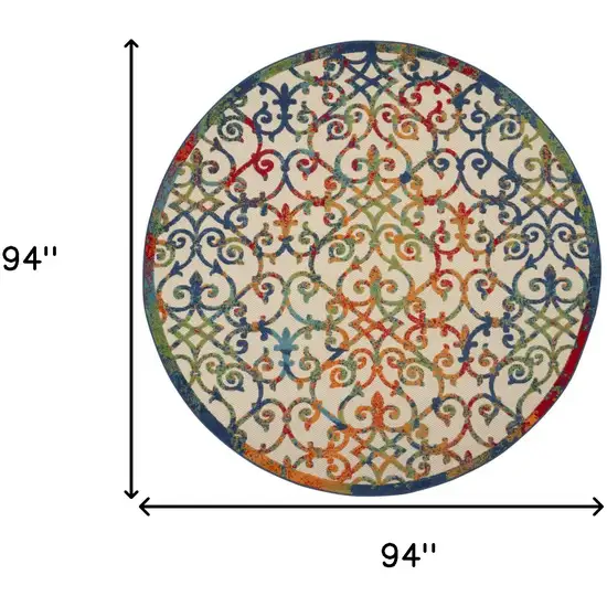 Ivory And Blue Round Floral Indoor Outdoor Area Rug Photo 9