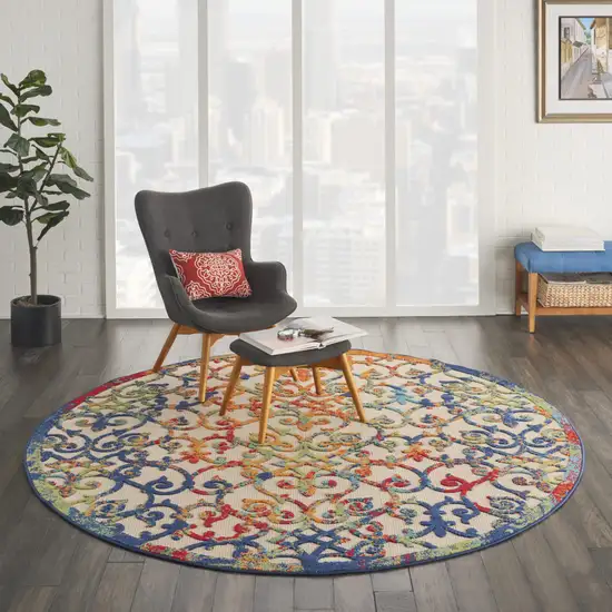 Ivory And Blue Round Floral Indoor Outdoor Area Rug Photo 8