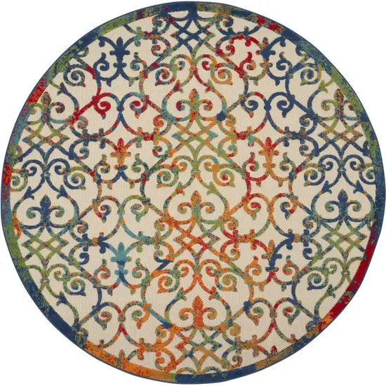 Ivory And Blue Round Floral Indoor Outdoor Area Rug Photo 1