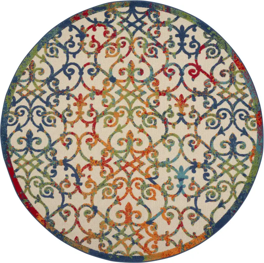 Ivory And Blue Round Floral Indoor Outdoor Area Rug Photo 6