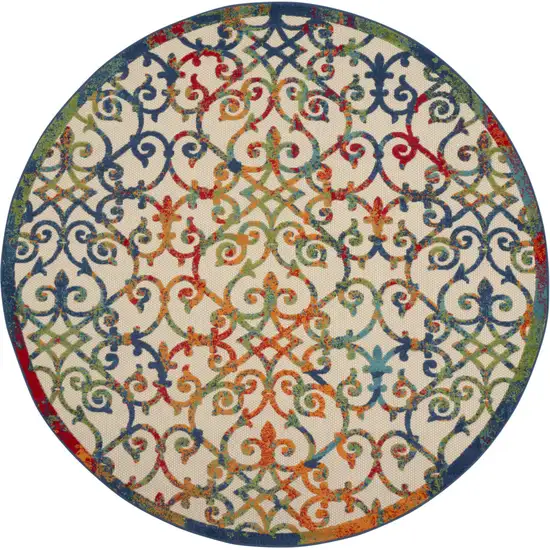 Ivory And Blue Round Floral Indoor Outdoor Area Rug Photo 6