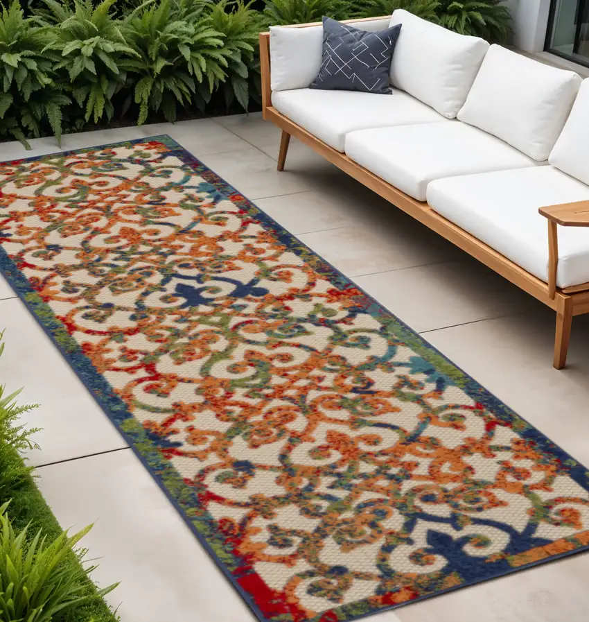 12' Ivory And Blue Indoor Outdoor Runner Rug Photo 2