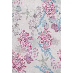 Photo of Raspberry Ivory And Blue Geometric Washable Area Rug With UV Protection