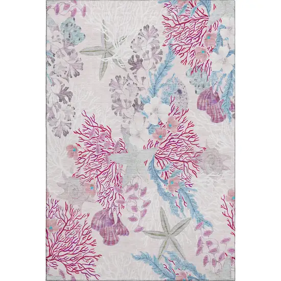 Raspberry Ivory And Blue Geometric Washable Area Rug With UV Protection Photo 1