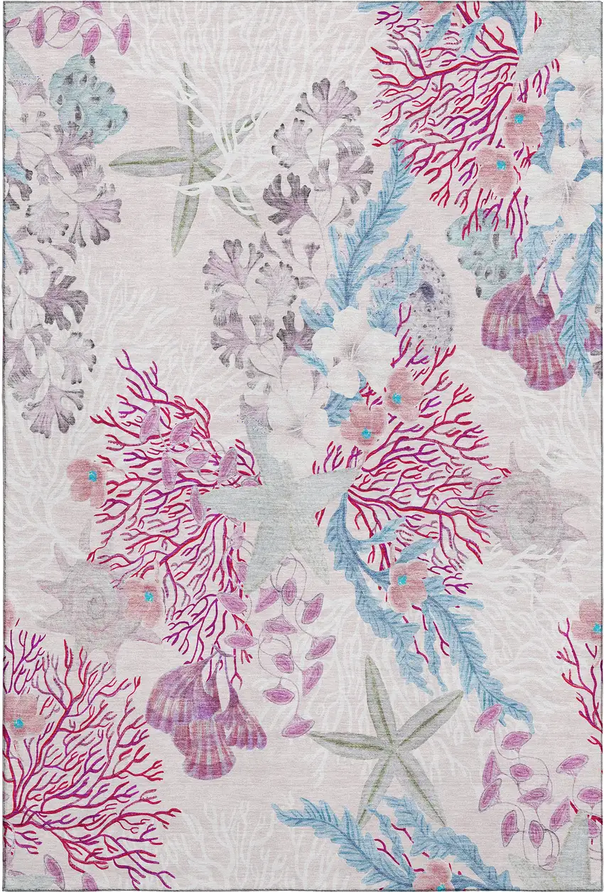 Raspberry Ivory And Blue Geometric Washable Area Rug With UV Protection Photo 1