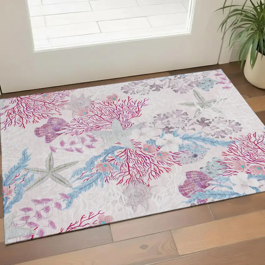 Raspberry Ivory And Blue Geometric Washable Area Rug With UV Protection Photo 1