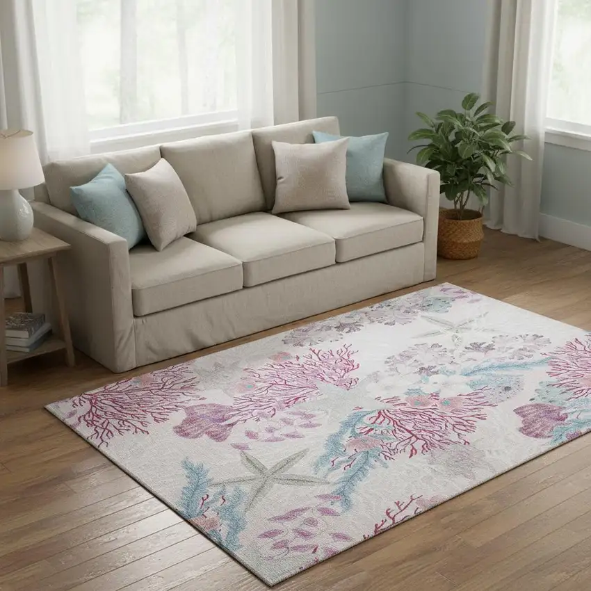 Raspberry Ivory And Blue Geometric Washable Area Rug With UV Protection Photo 1