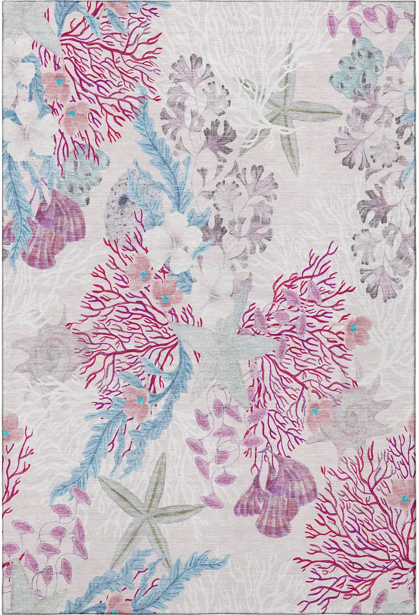 Raspberry Ivory And Blue Geometric Washable Area Rug With UV Protection Photo 5