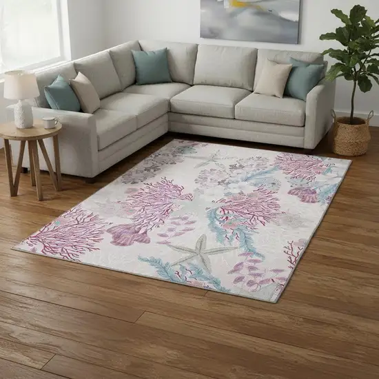 Raspberry Ivory And Blue Geometric Washable Area Rug With UV Protection Photo 1