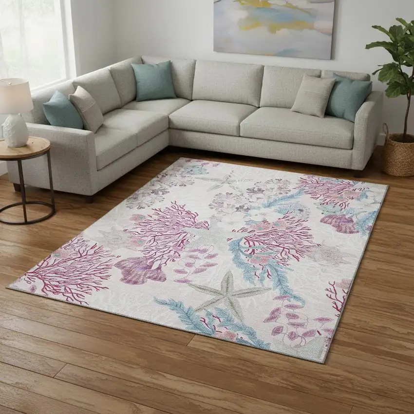 Raspberry Ivory And Blue Geometric Washable Area Rug With UV Protection Photo 1