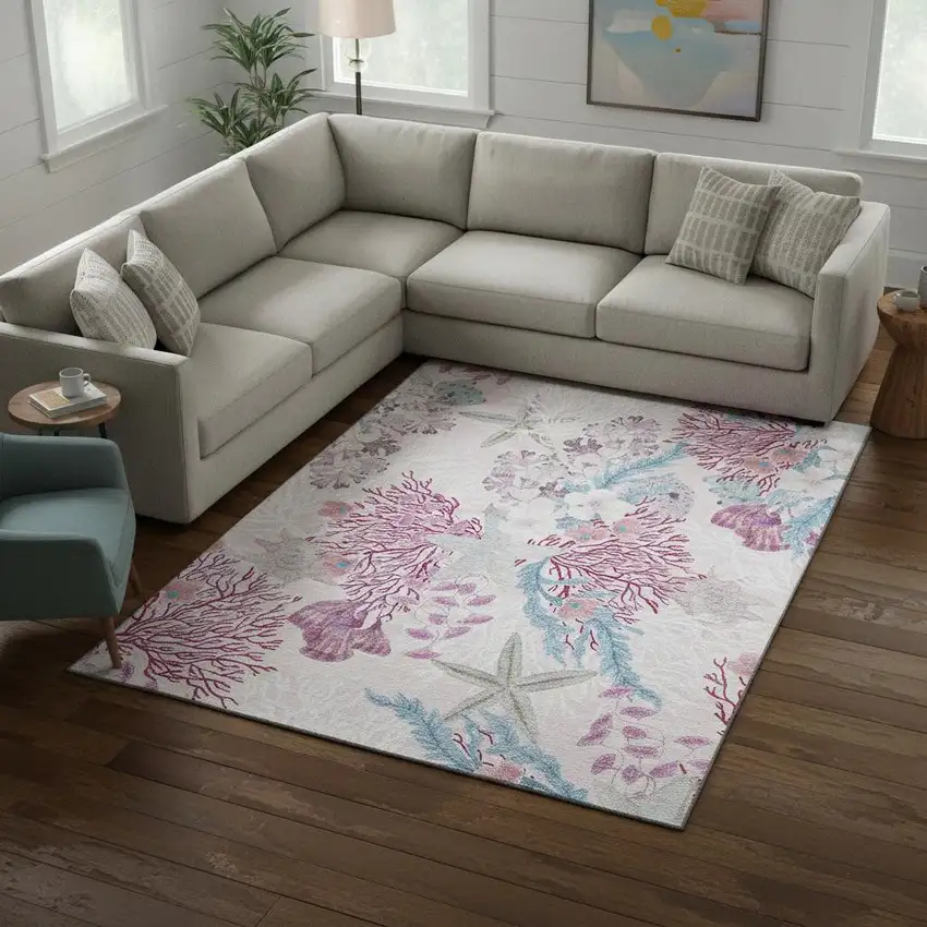 Raspberry Ivory And Blue Geometric Washable Area Rug With UV Protection Photo 1