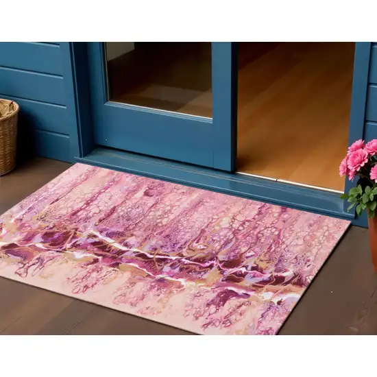 Raspberry Ivory And Gold Abstract Washable Indoor Outdoor Area Rug Photo 1