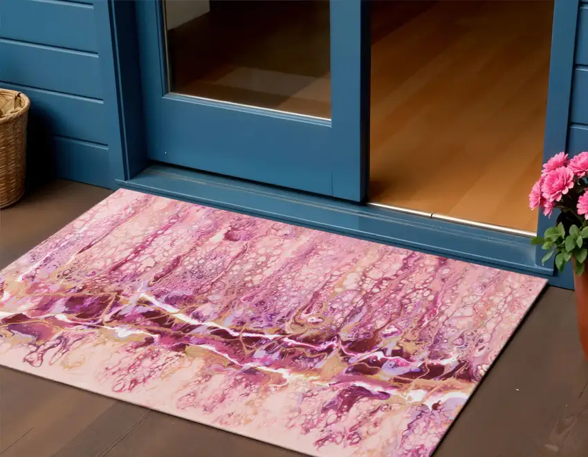 Raspberry Ivory And Gold Abstract Washable Indoor Outdoor Area Rug Photo 1