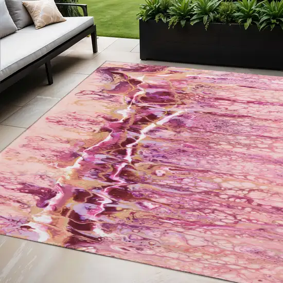 Raspberry Ivory And Gold Abstract Washable Indoor Outdoor Area Rug Photo 1