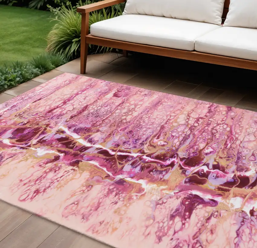 Raspberry Ivory And Gold Abstract Washable Indoor Outdoor Area Rug Photo 1