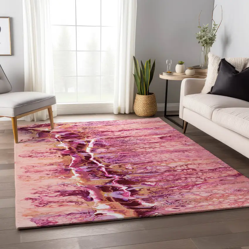 Raspberry Ivory And Gold Abstract Washable Indoor Outdoor Area Rug Photo 7