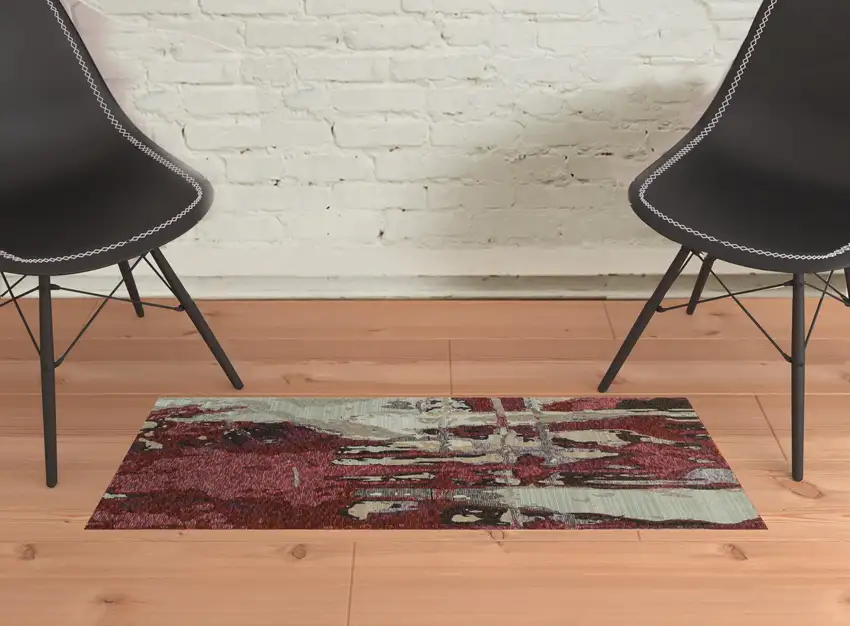 Red And Beige Abstract Power Loom Stain Resistant Area Rug Photo 2