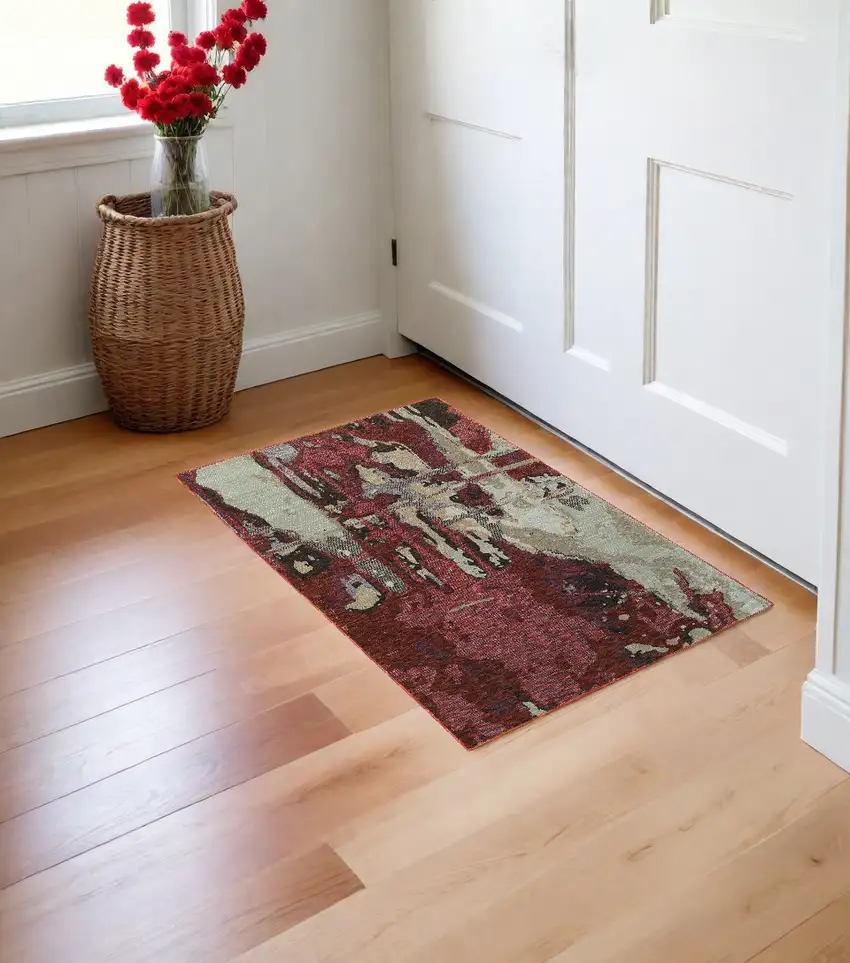 Red and Beige Abstract Power Loom Area Rug Photo 1