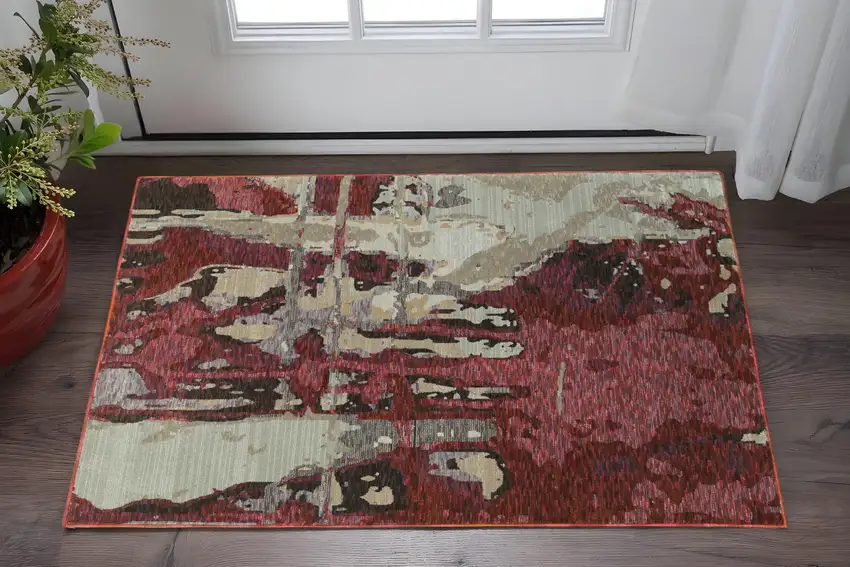 Red and Beige Abstract Power Loom Area Rug Photo 1