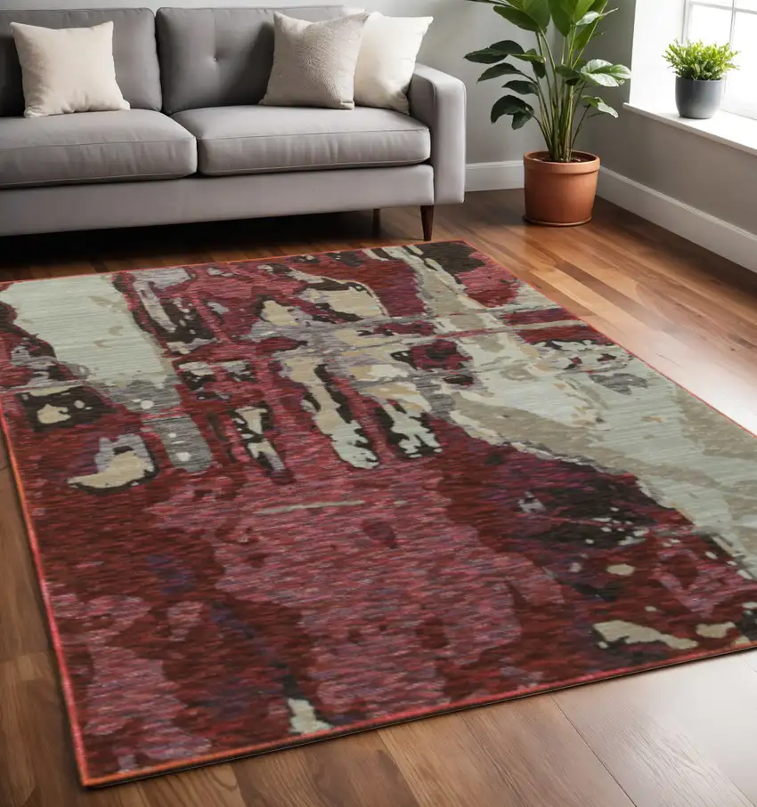 Red and Beige Abstract Power Loom Area Rug Photo 1