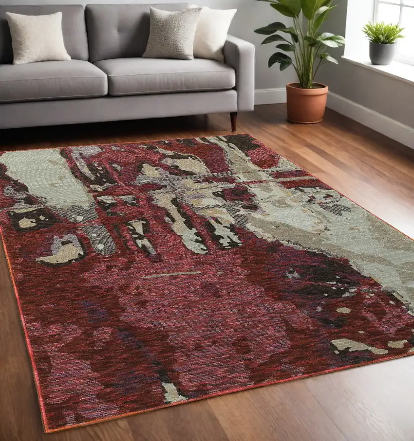 Red and Beige Abstract Power Loom Area Rug Photo 1