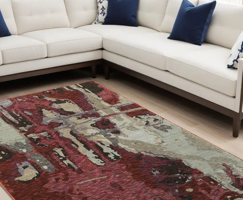 Red and Beige Abstract Power Loom Area Rug Photo 1
