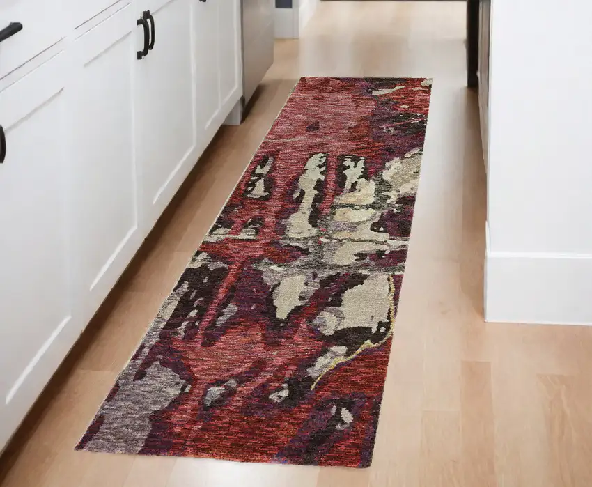 8' Runner Red and Beige Abstract Power Loom Runner Rug Photo 1