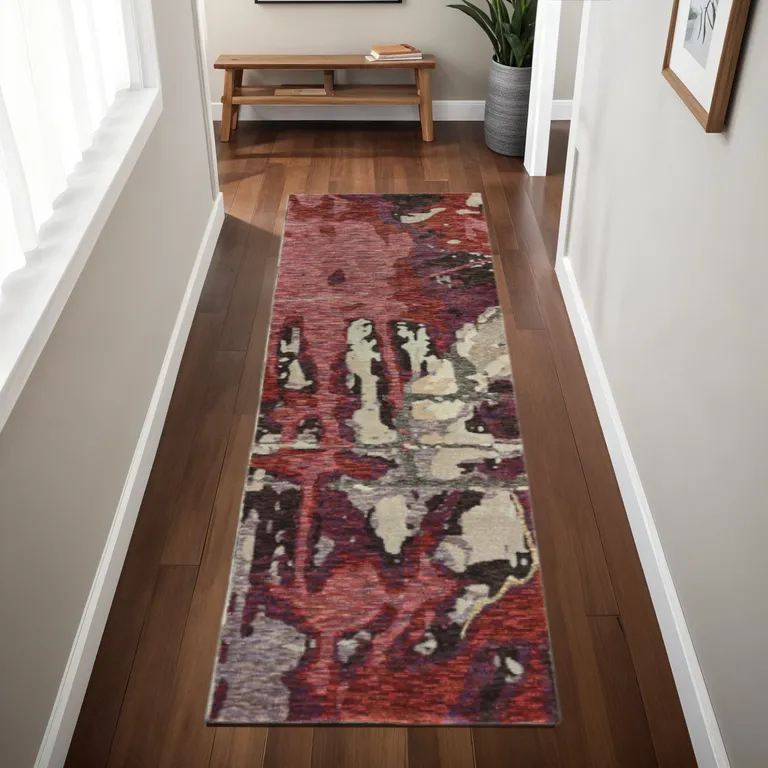 Red And Beige Abstract Power Loom Stain Resistant Runner Rug Photo 5