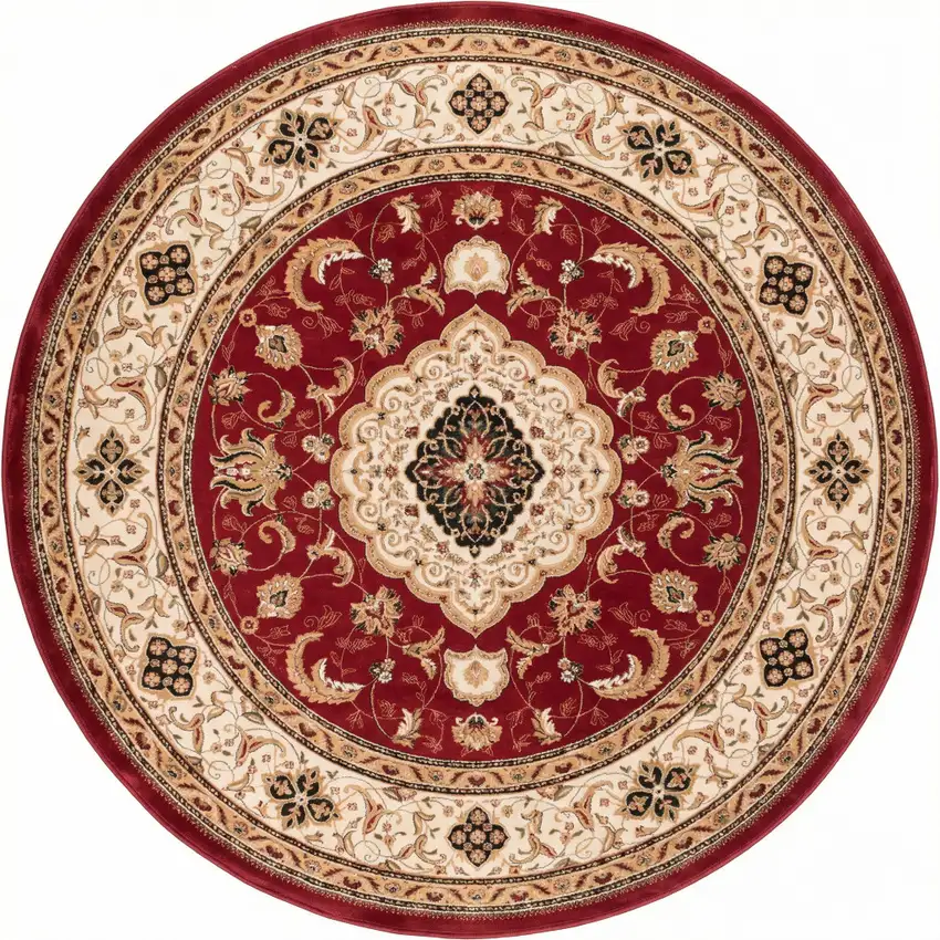 Red And Beige Abstract Round Rug Photo 1