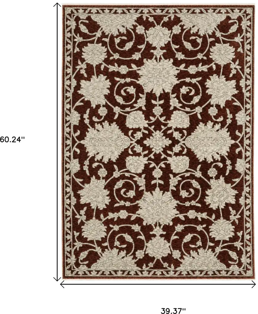 Red And Beige Floral Area Rug With Fringe Photo 3