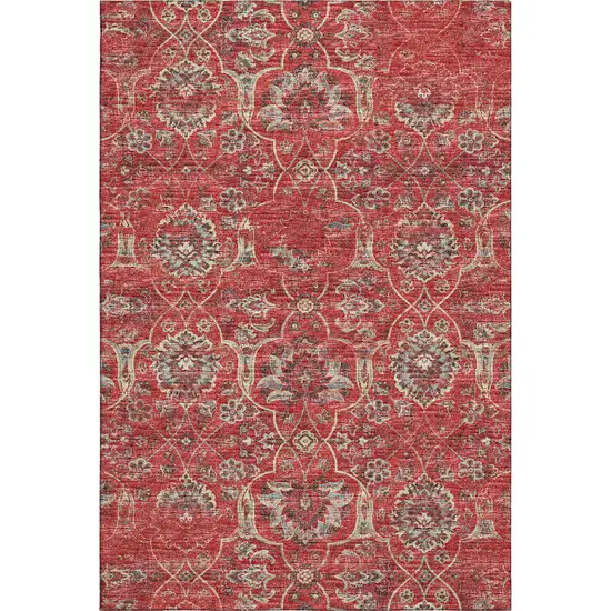 Red And Beige Floral Medallion Washable Area Rug With UV Protection Photo 2