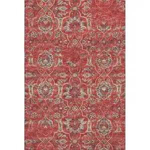 Photo of Red And Beige Floral Medallion Washable Area Rug With UV Protection