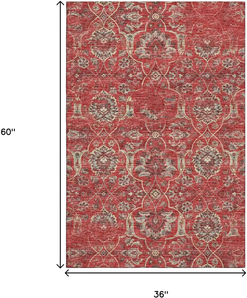 Red And Beige Floral Medallion Washable Area Rug With UV Protection Photo 3