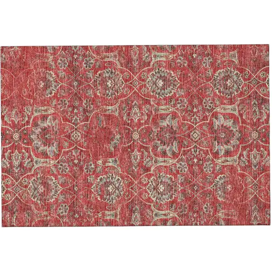 Red And Beige Floral Medallion Distressed Washable Area Rug With UV Protection Photo 2